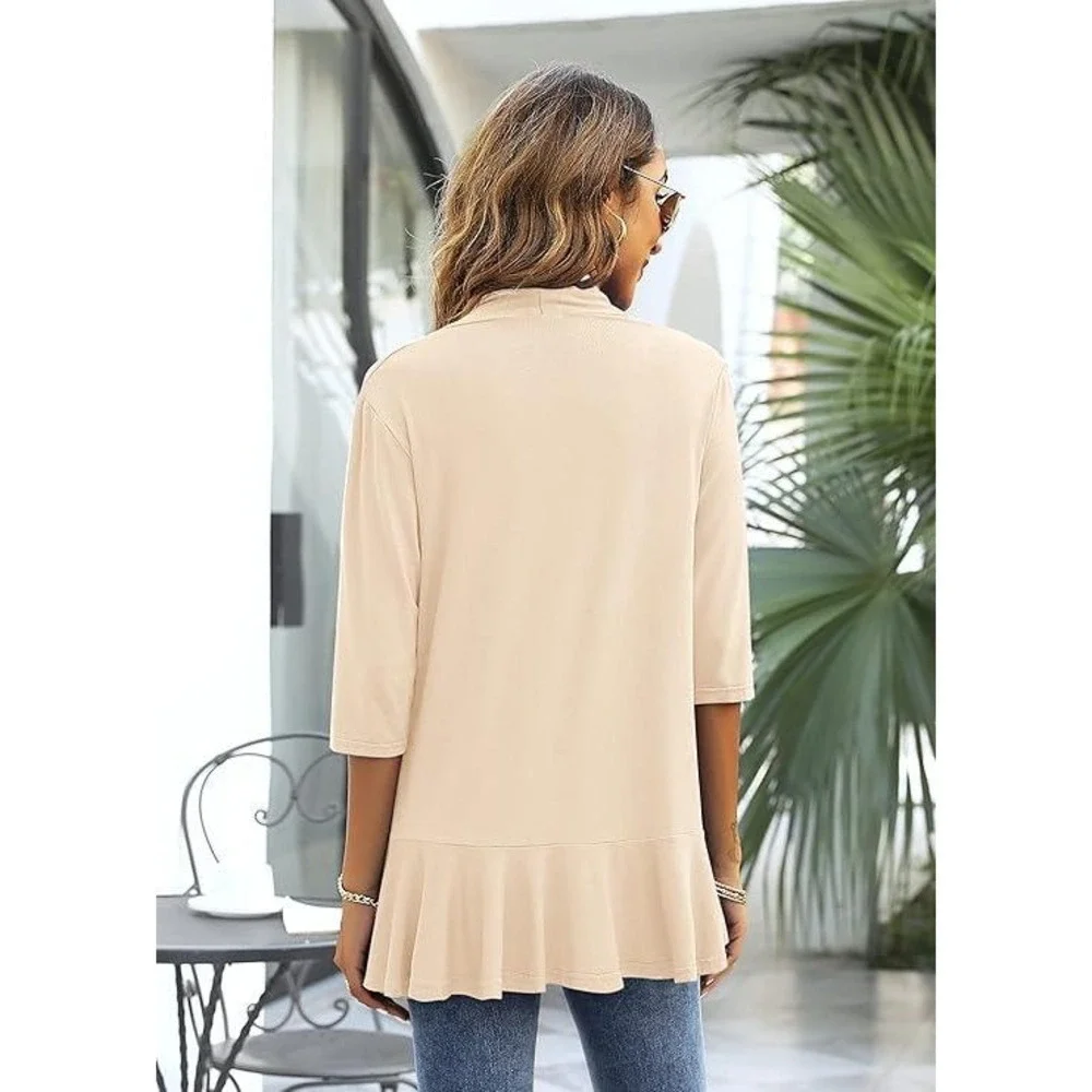 NWT Aoulaydo Women's XL Beige Plus Size Draped Ruffles 3/4 Sleeve Cardigan Open